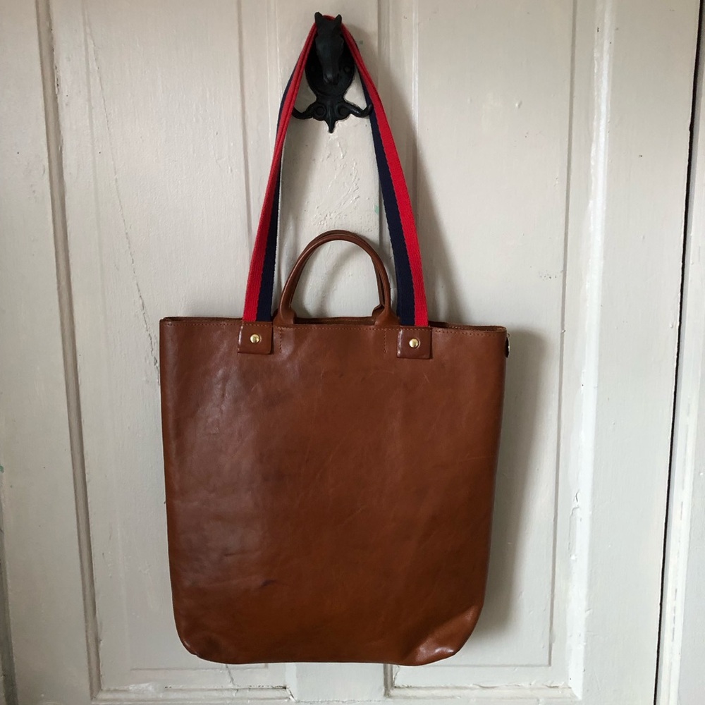 Clare V. Annie Tote Bag Miel Brown Leather Red Blue Cotton Strap + Dust Bag